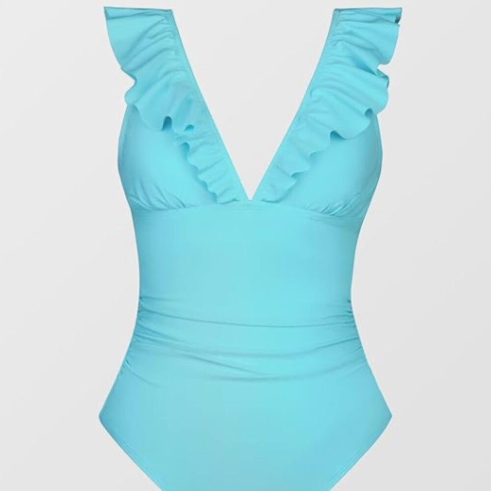 CUPSHE Women's Ruffled One Piece Swimsuit V Neck Lace Up Size XLarge